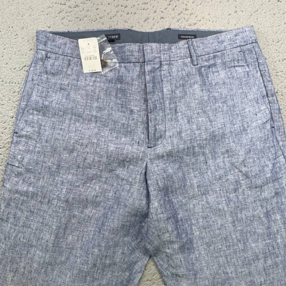 J.Crew Thompson Dress Pants Mens 33x30 Blue White 100% Linen Flat Front Trousers
